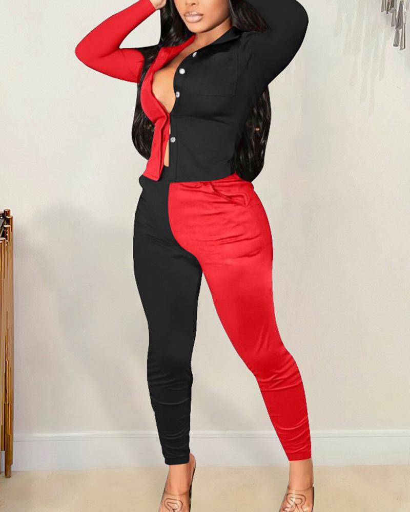 Colorblock Button Decor Slant Pocket Top & Pants Set-Pinkami