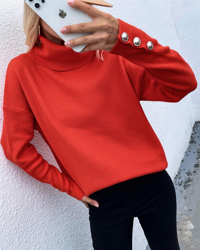 Rib Knit Turtleneck Button Trim Drop Shoulder Sweater