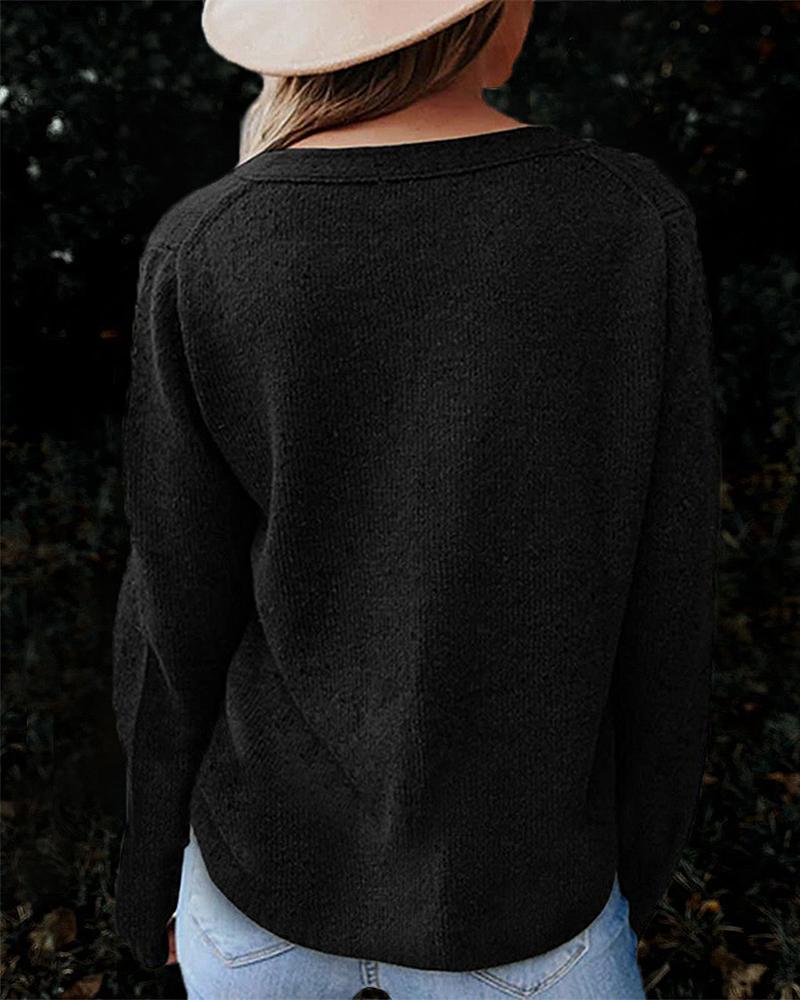 Solid Topstitching Button Up V Neck Sweater-Pinkami