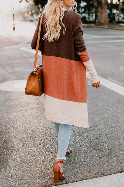 Splicing Contrast Cardigan-Pinkami