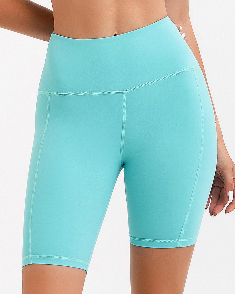 Solid Stitch Trim High Waist Biker Sports Shorts-Pinkami