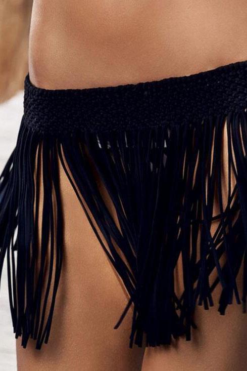 Black Fringe Braided Beach Skirt Cover Up-Pinkami