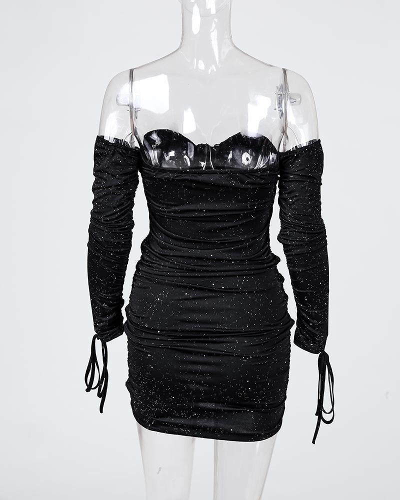 Glitter Off Shoulder Ruched Bodycon Dress