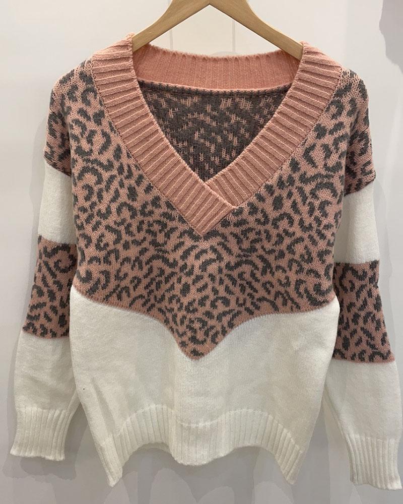 Colorblock Leopard Print Overlap Collar Sweater-Pinkami