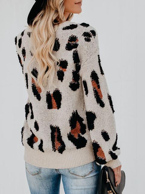 Leopard Knit Round Neck Sweater-Pinkami