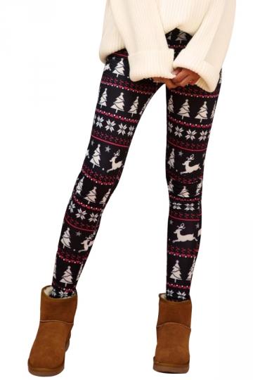 Plus Size Womens Reindeer Christmas Tree Leggings Black-Pinkami