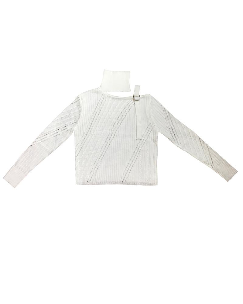 Solid Cable Knit Buckle Cutout Turtleneck Sweater-Pinkami
