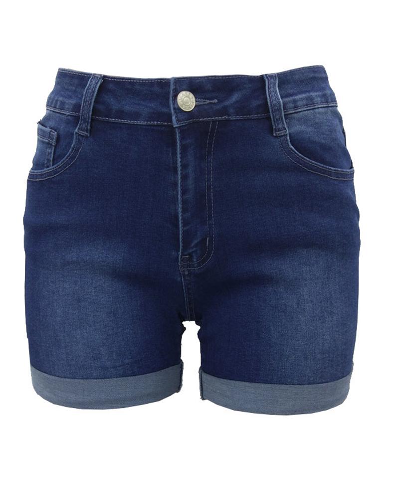 Women Roll Up Hem High Waist Denim Shorts-Pinkami