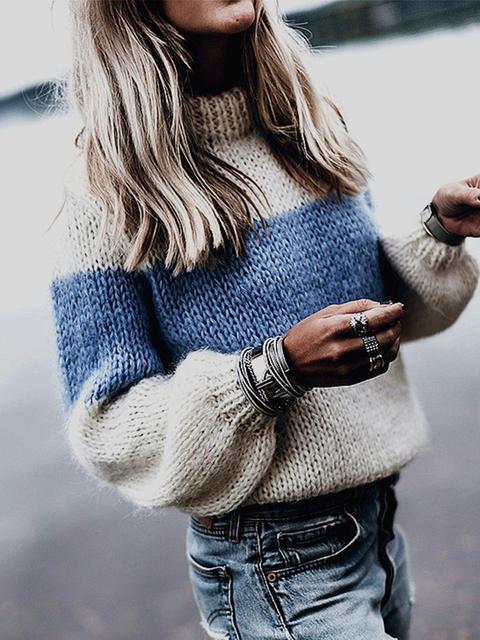 Casual Contrast Loose Crew Neck Sweater-Pinkami