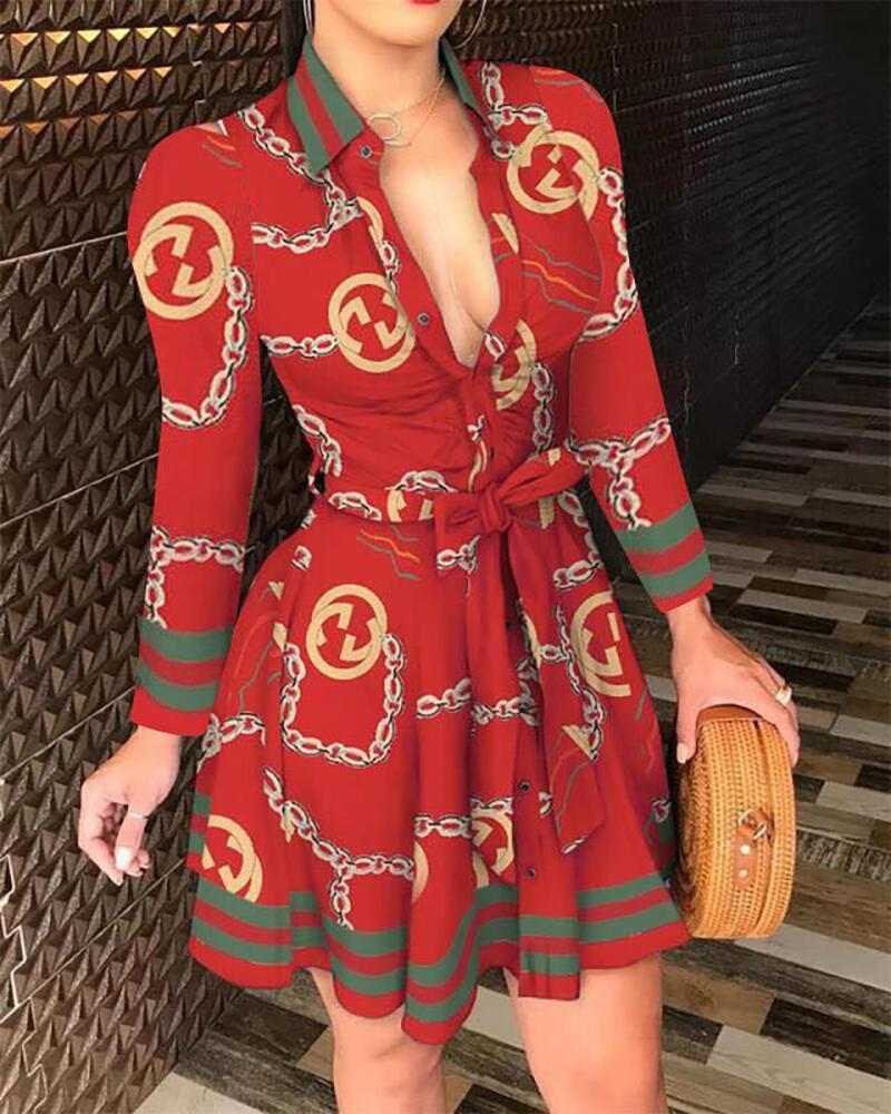 Mixed Print Buttoned Long Sleeve Ruffles Dress