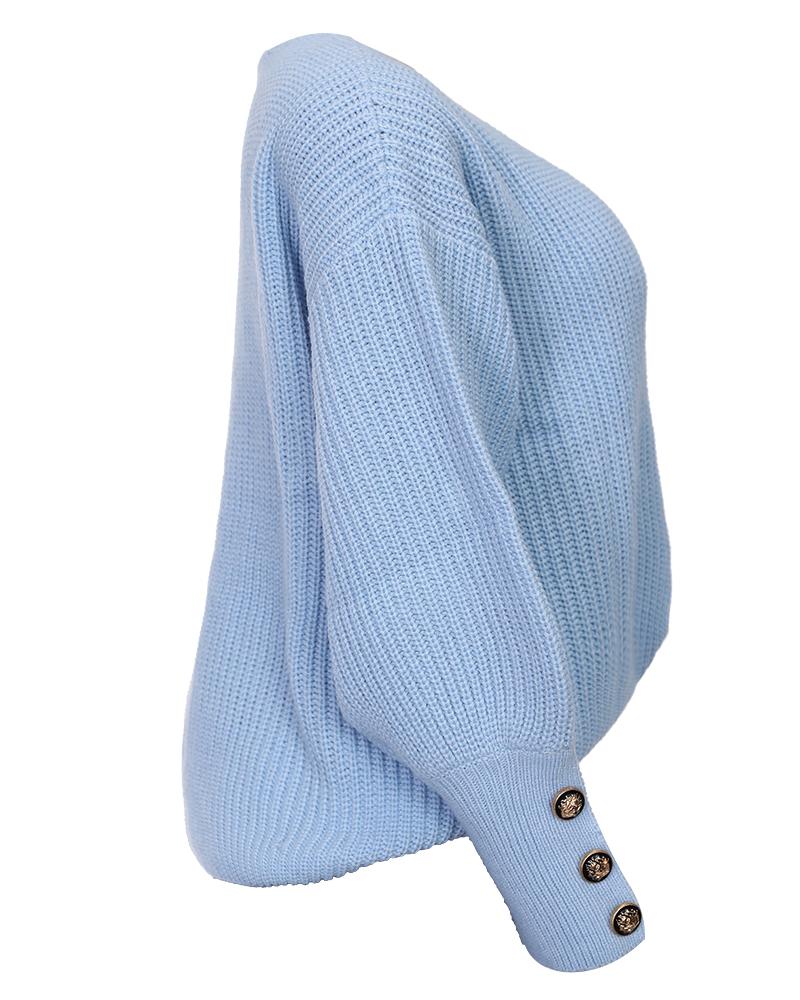 Solid Rib-Knit Button Detail V Neck Top-Pinkami