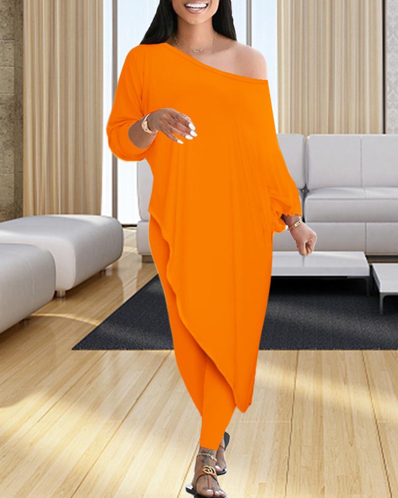 Solid Boat Neck Asymmetrical Long Sleeve Top & Pants Set-Pinkami