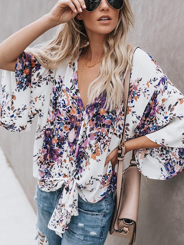 Red Chiffon Floral Print V Neck Half Bow Tie Loose Blouse-Pinkami