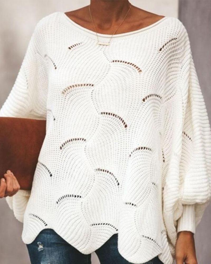 Solid Hollow Out Asymmetrical Hem Boat Neck Sweater-Pinkami