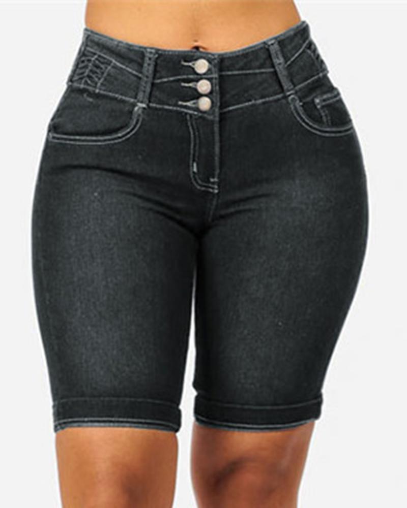 Women Solid Button Front Pocket Detail Demin Shorts-Pinkami