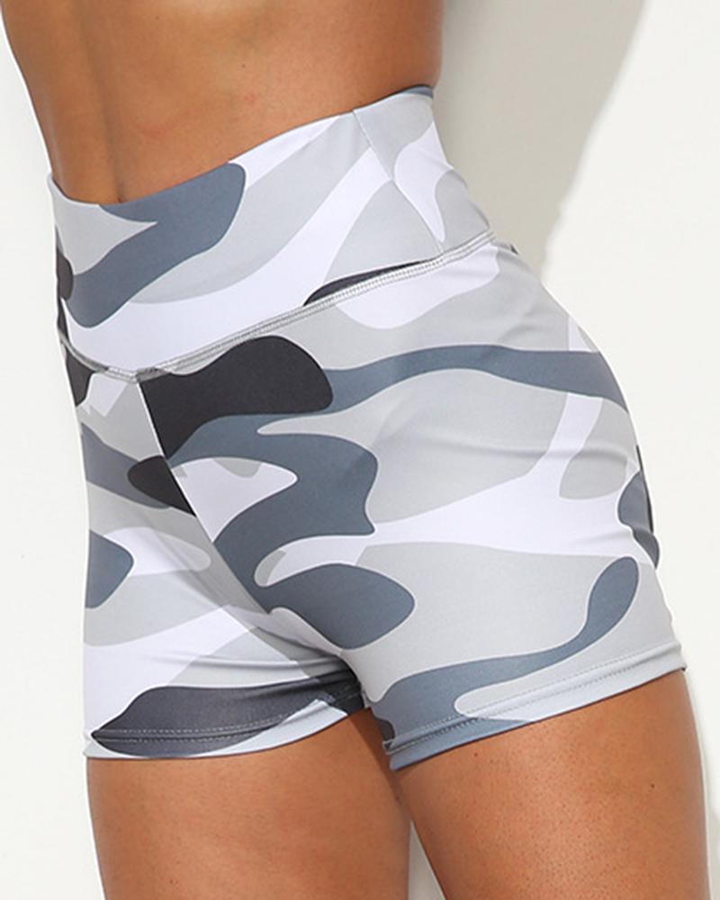 Camo Print Scrunch Butt Wide Waistband Sports Shorts-Pinkami