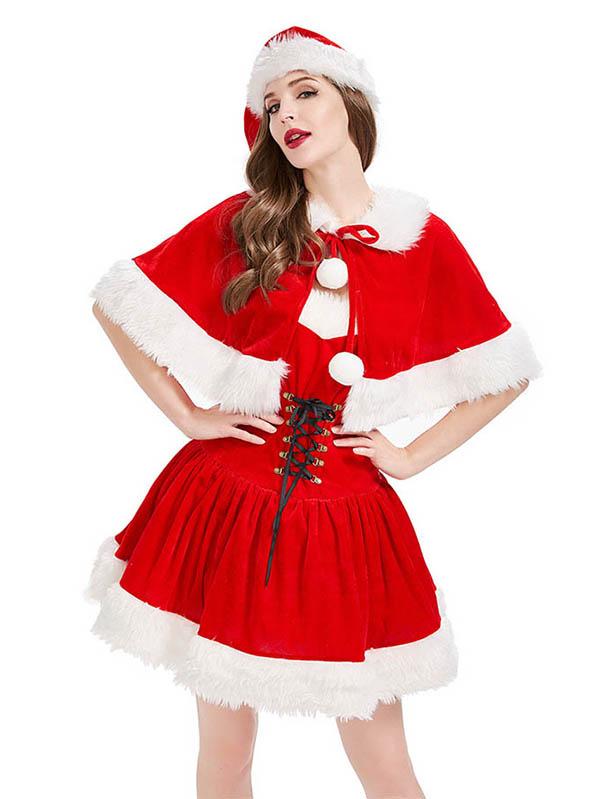 Mrs Claus Costume Cute Santa Dress Womens Christmas Cloak Skirt-Pinkami