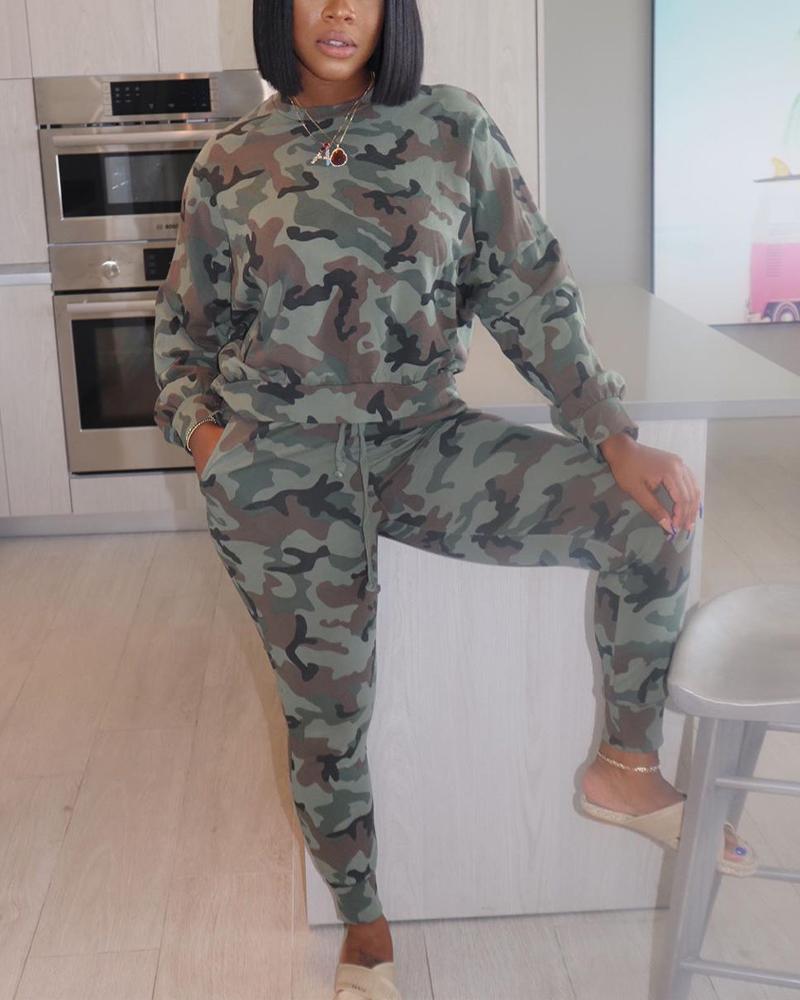 Camo Print Drawstring Pocket Detail Top & Pants Set-Pinkami