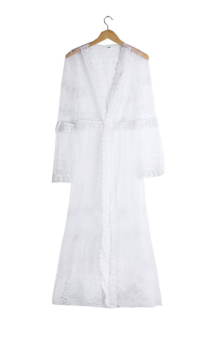 Boho Crochet Brim Sheer Maxi Cover Up-Pinkami