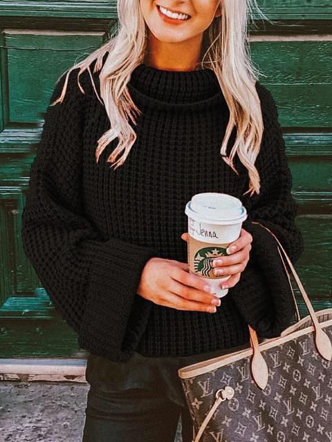 Casual Solid Color Knitted Turtleneck Sweater-Pinkami