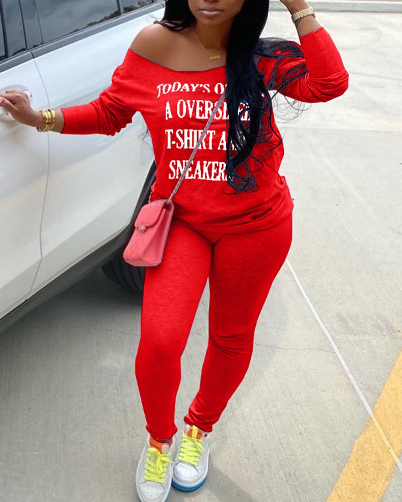 Letter Print Boat Neck Top & Pants Set-Pinkami