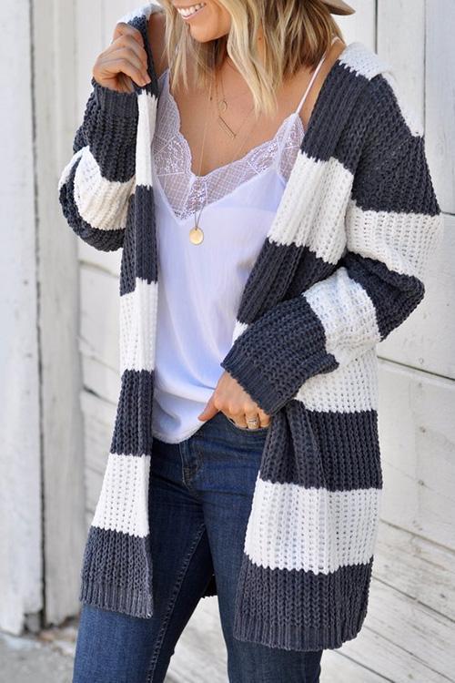 Simple Hooded Collar Striped Cardigan-Pinkami