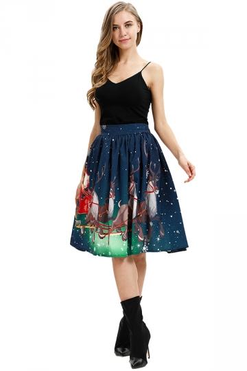 High Waisted Reindeer Print Midi Christmas Pleated Skirt Navy Blue-Pinkami