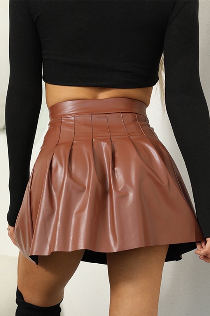 PU Leather Solid Pleated High Waist Mini Skirt
