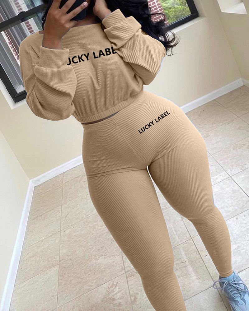 Letter Print Rib-Knit Crop Top & Pants Set-Pinkami