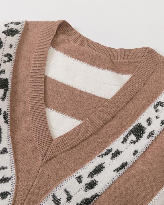 Leopard Print Drop Shoulder V Neck Sweater-Pinkami