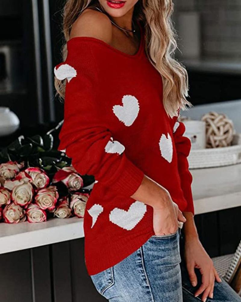 Heart Print Rib Knit Raglan Sleeve Sweater-Pinkami