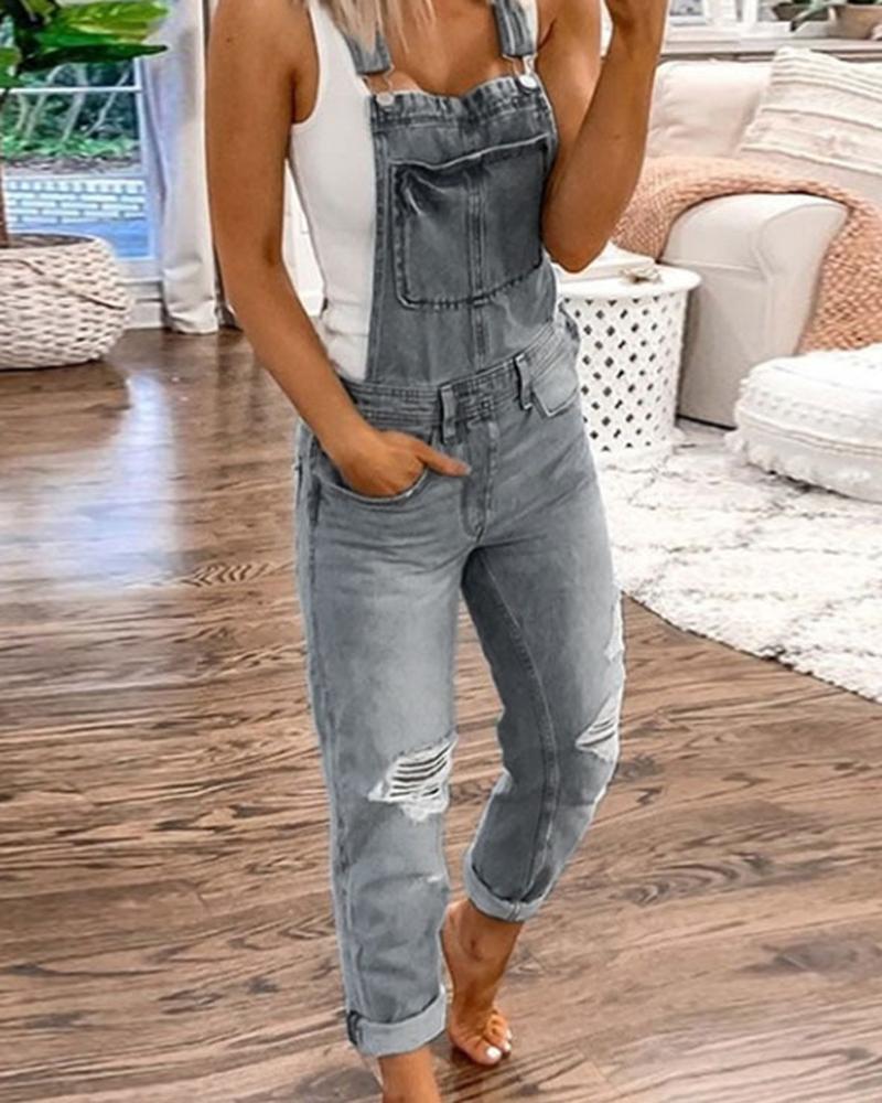 Knee Distressed Pocket Decor Denim Casual Jumpsuit