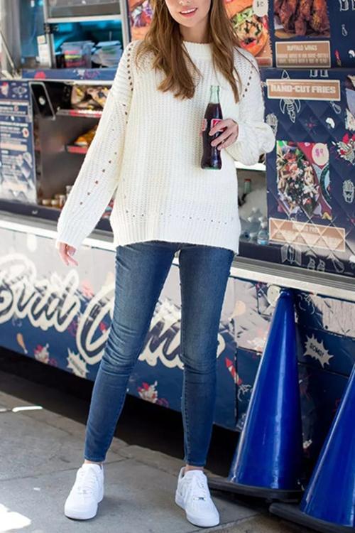 Round Neck Pullover Openwork Sweater-Pinkami
