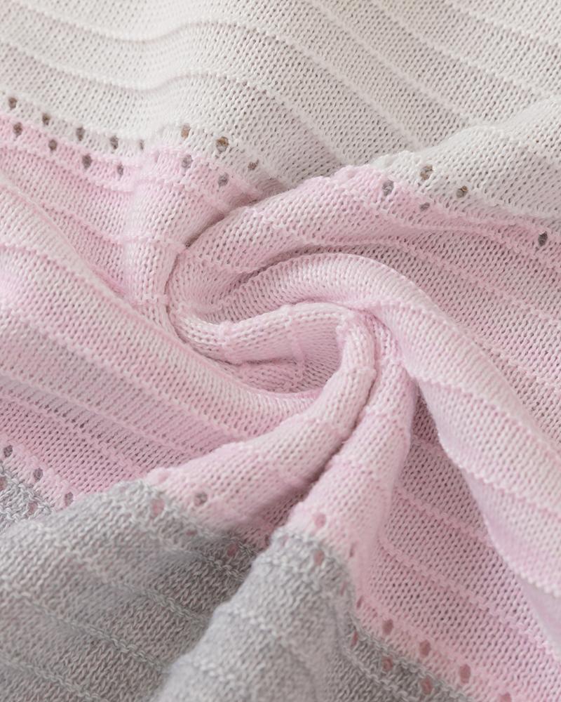 Colorblock Hollow Out Drawstring Hooded Sweater-Pinkami