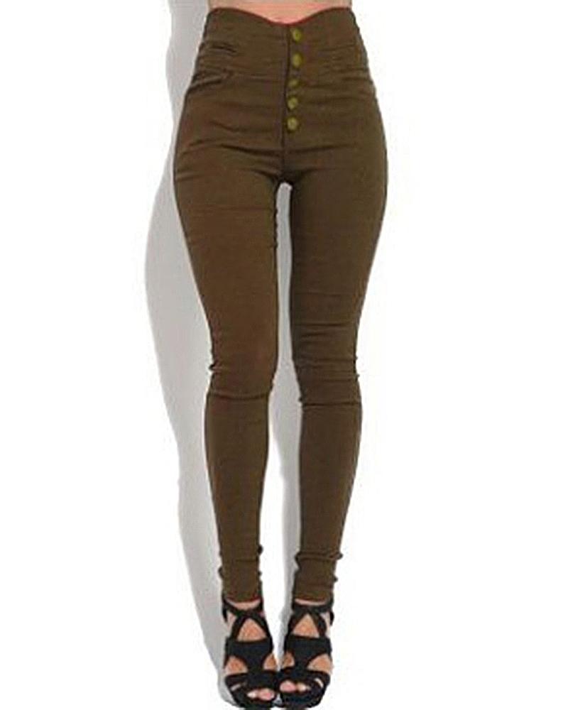 Women V Wired Detail Button Fly High Waist Skinny Jeans-Pinkami