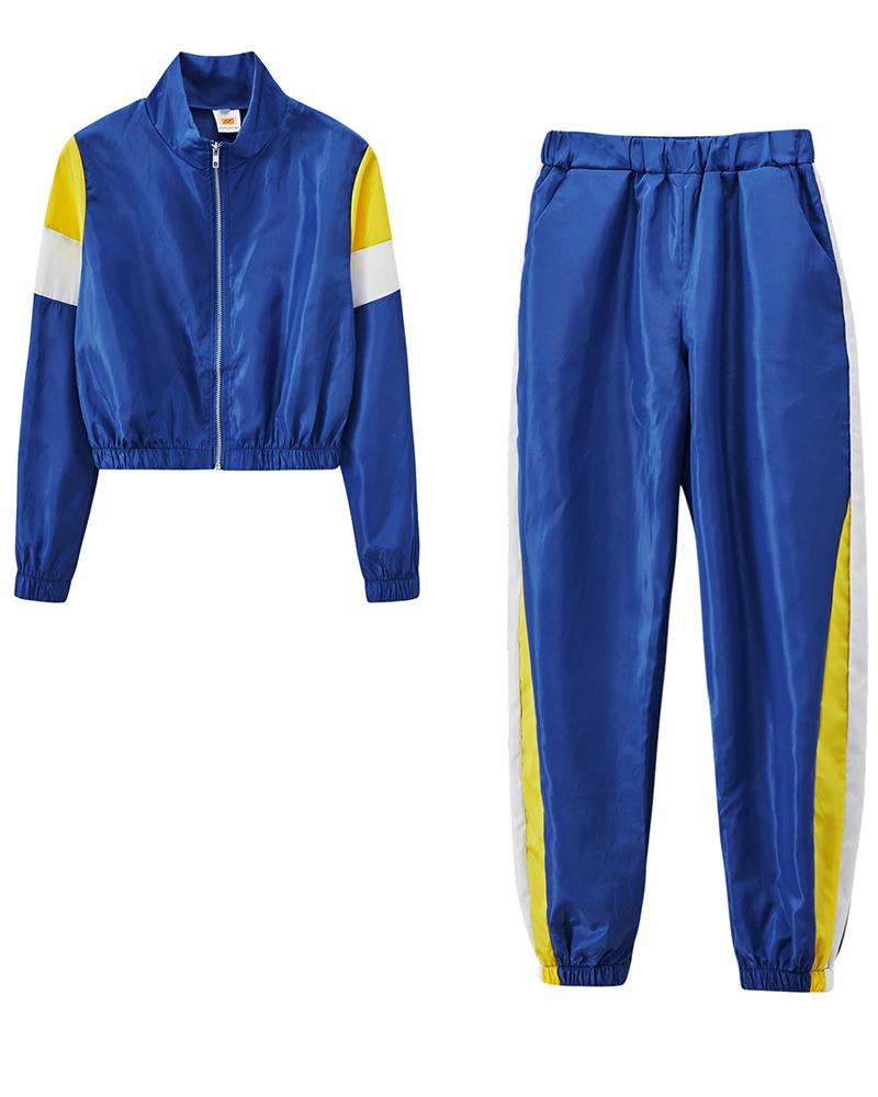 Colorblock Pocket Detail Zip Front Top & Pants Set-Pinkami