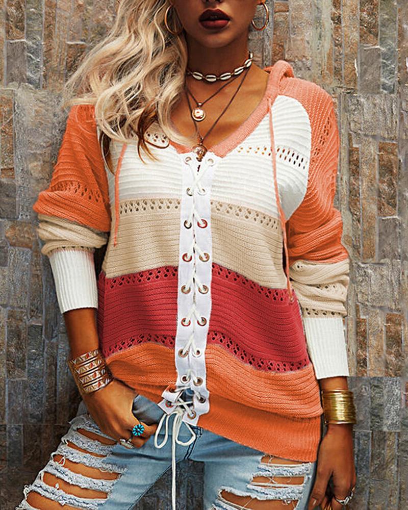 Colorblock Lace Up Pointelle Knit Hooded Sweater-Pinkami