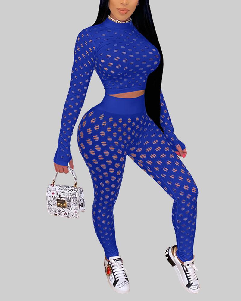 Hollow Out Long Sleeve Mock Neck Top & Pants Set-Pinkami