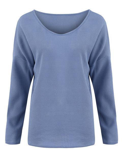 Solid Ribbed V-Neck Lightweight Sweaters-Pinkami
