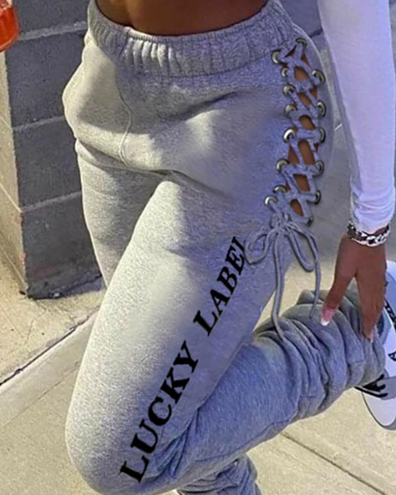 Letter Print Grommet Eyelet Lace Up Side Sports Stacked Pants For Women-Pinkami