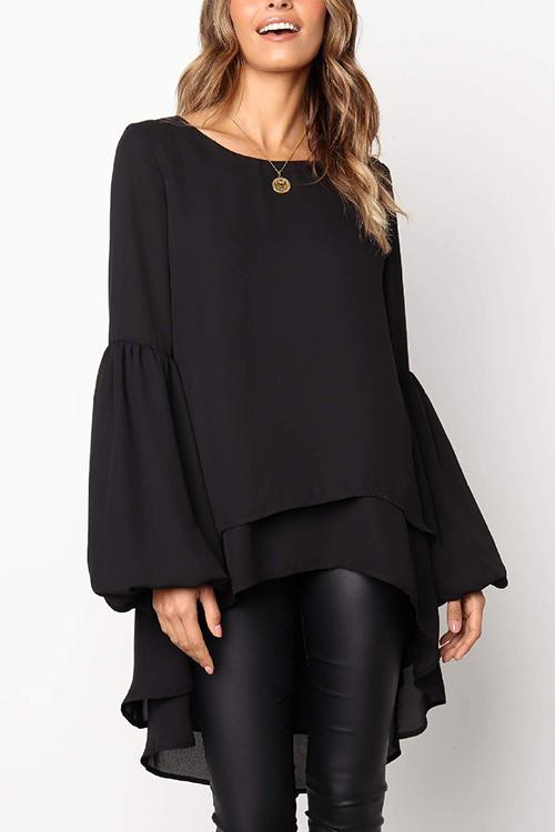 Puff Sleeve Lrregular Hem Solid Color Long Sleeve T-Shirt-Pinkami