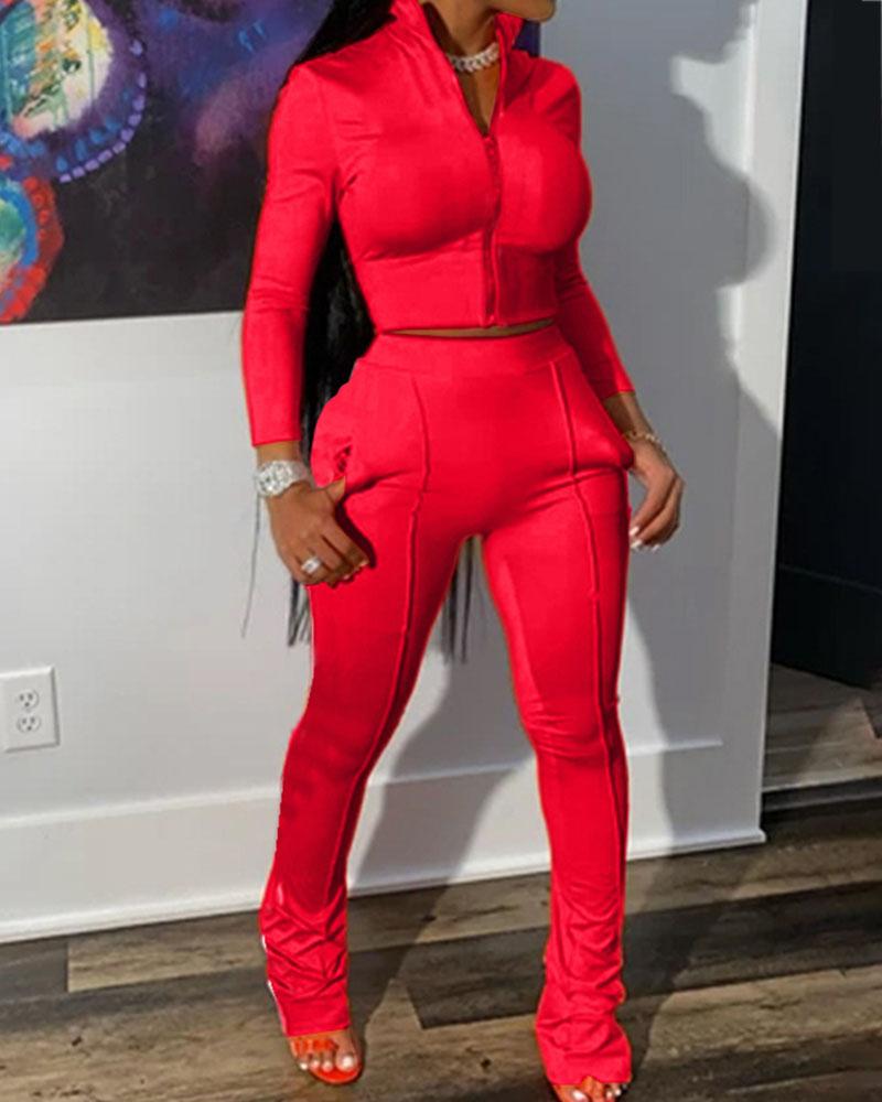 Solid Zip Up Stand Collar Top & Pants Set-Pinkami