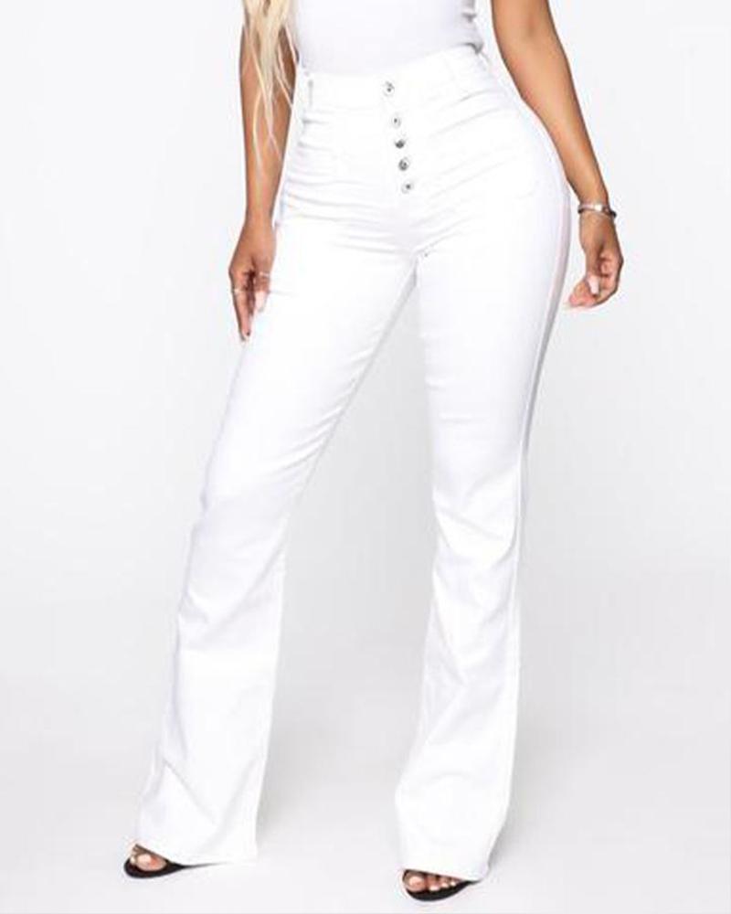 Women Button Fly Booty Shaping High Waist Flare Jeans-Pinkami