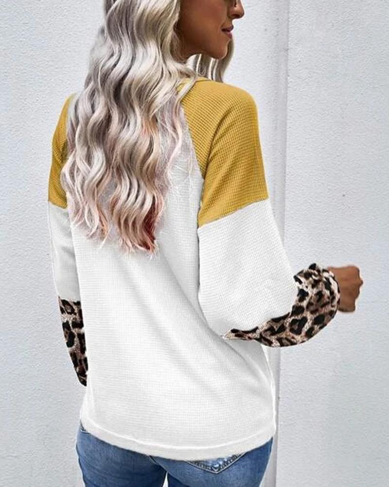 Cheetah Panel Colorblock Twist Front Drop Bishop Sleeve Sweater-Pinkami