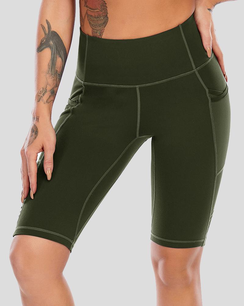 Contrast Stitch Pocket Decor Wide Waistband Sports Shorts-Pinkami