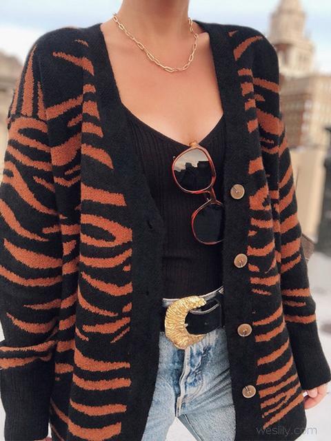 Zebra Pattern Button Knit Cardigan Coat-Pinkami