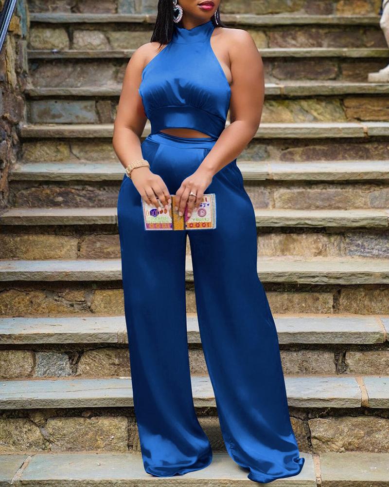 Solid Halter Crop Top & Wide Leg Pants Set-Pinkami