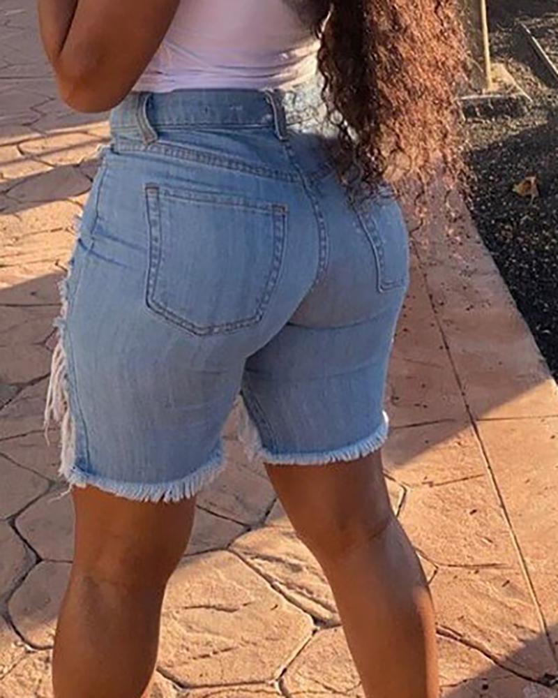 Women Ripped Hollow Out Denim Shorts-Pinkami