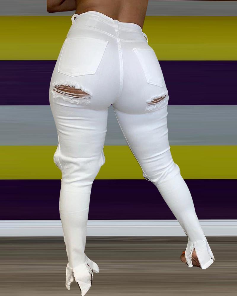 Women Plus Raw Hem Distressed Split Hem Skinny Jeans-Pinkami