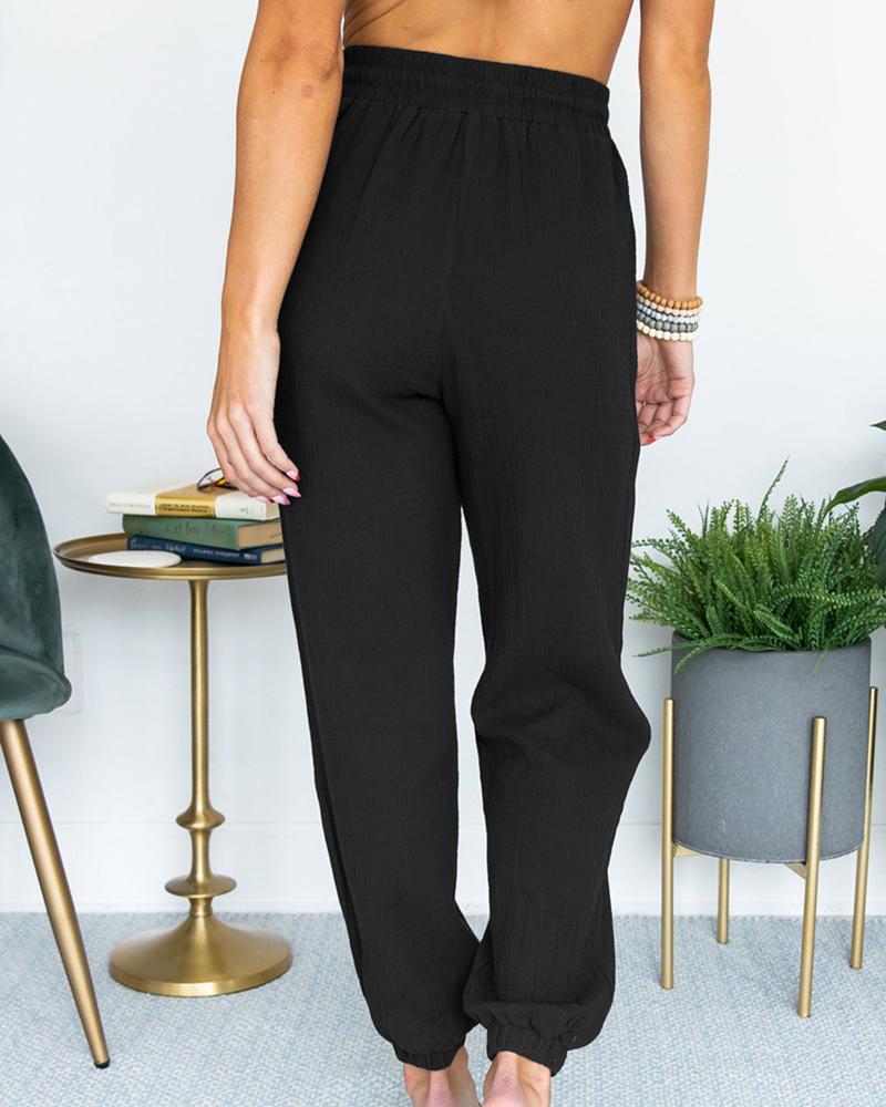 Solid Slant Pocket Drawstring Waist Joggers For Women-Pinkami